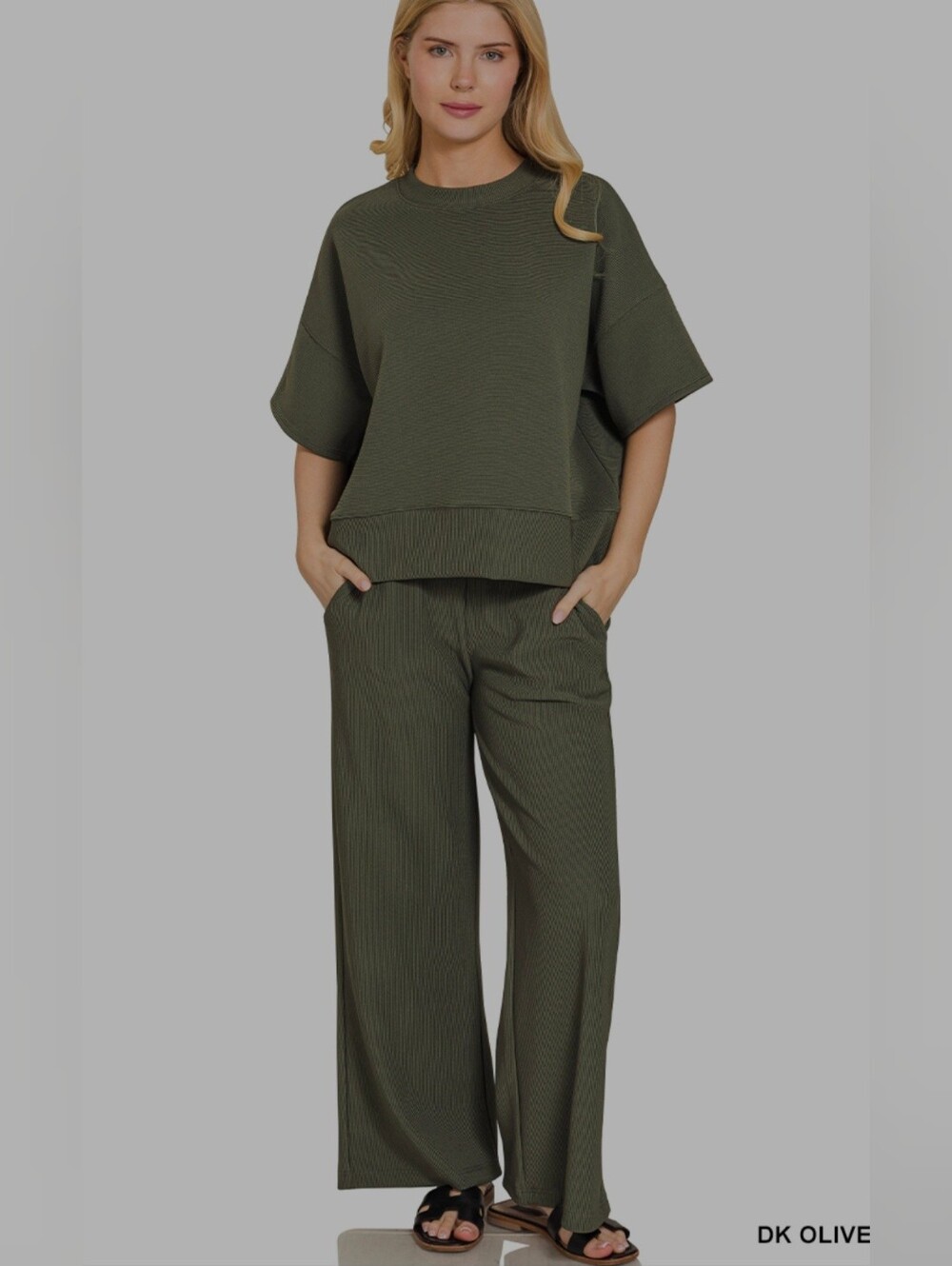 Zenana Ribbed Pant Set-Drk Olive